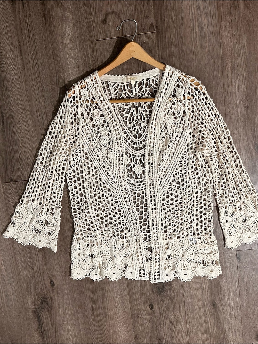 Rebellion Cream Crochet Open-Front Cotton Kimono Cardigan Flowers